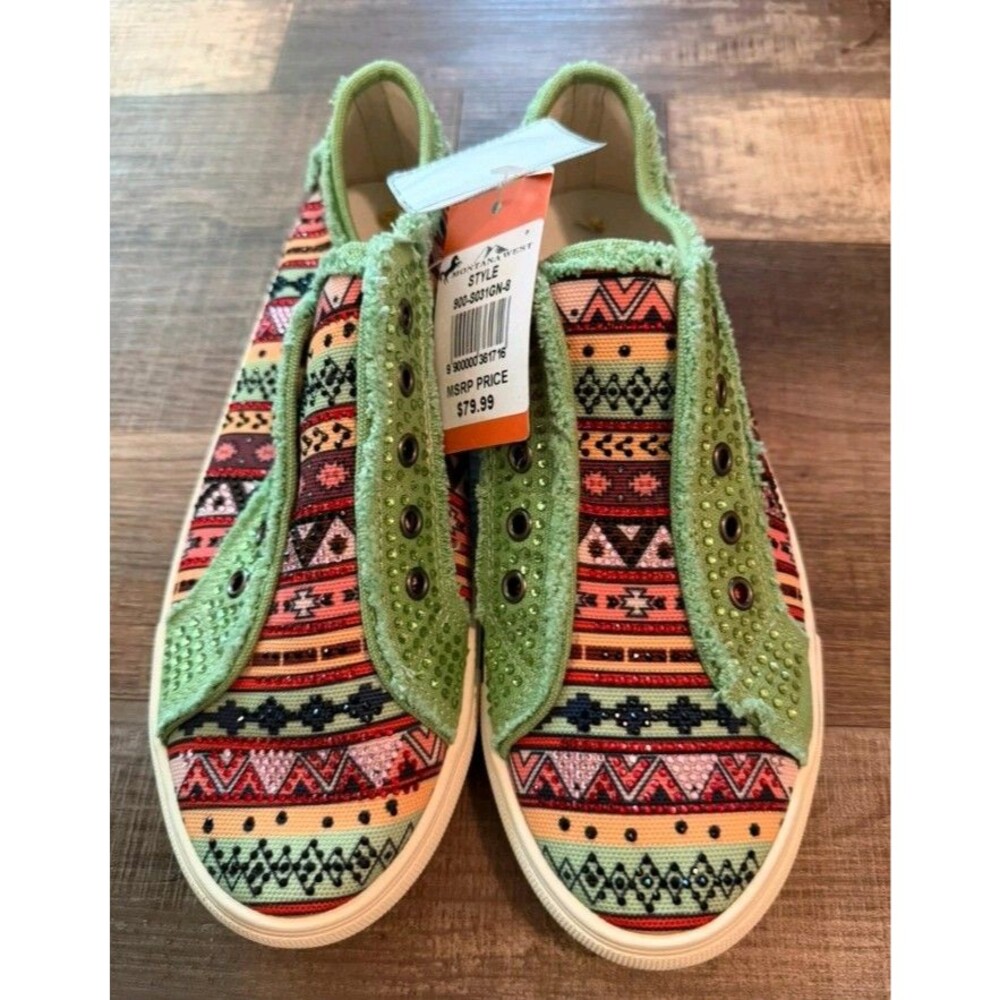 Montana West Aztec Rhinestone Canvas Slip On Sneakers Womens 8 Green NWT